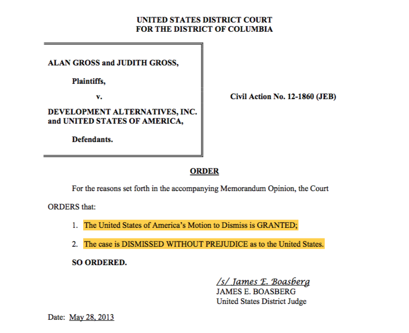 Alan Gross vs. Estados Unidos de América (Imagen: Captura de pantalla de la moción para desestimar el caso ante la corte de apelaciones del distrito de Columbia, 2013)